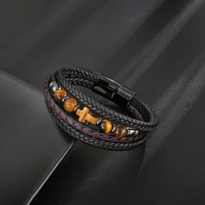 Men's Leather & Lapis/Onyx/Turquoise/Tiger Eye Cross Bracelet - Braided Christian Jewelry for Men, 8.3" & 9.1" Sizes - color: Tiger Eye, size: 8.3in(Fits most wrists; Recommend!)