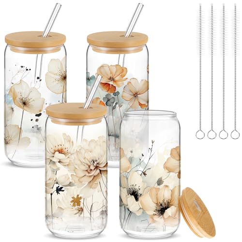Mumufy 4 Pack Chinoiserie Flower Glass Cup 16oz Tumbler Mug with Bamboo Lid - style: Chinoiserie Flower