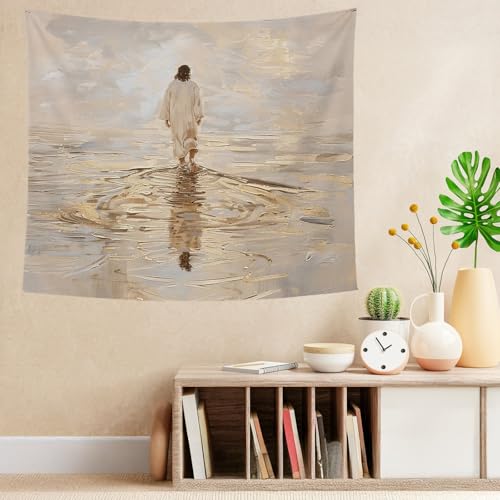 bitCNY Jesus Walking on Water Golden Glow Tapestry – Christian Wall Hanging with Divine Light, Faith-Inspired Religious Home Decor, 50x60 Inch - color: white-Water Golden Glow