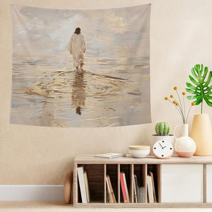 bitCNY Jesus Walking on Water Golden Glow Tapestry – Christian Wall Hanging with Divine Light, Faith-Inspired Religious Home Decor, 50x60 Inch - color: white-Water Golden Glow