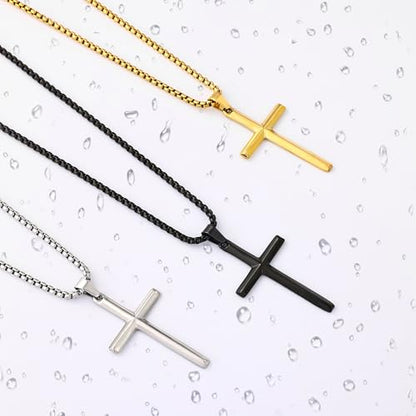 Fiusem Beveled Edge Cross Necklace for Men - size: 22 inches length, style: Black cross: 1.6"*1.0"