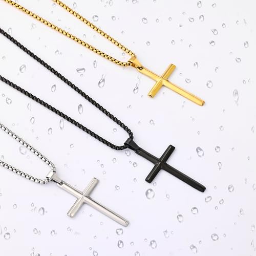 Fiusem Beveled Edge Cross Necklace for Men - size: 16 inches, style: Black cross: 1.6"*1.0"
