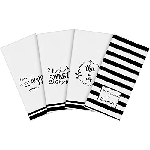 Honoson 4 Pack Black Stripe Kitchen Towels with Home Sweet Home Print - color: White, style: Stripe Style