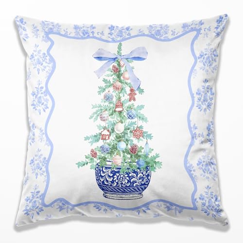 Blue Chinoiserie Preppy Christmas Tree Pillow Covers 18x18, Grandmillennial Christmas Decor, Preppy Girly Blue Bow Xmas Tree Throw Pillow Covers for Girls Dorm Room Apartment Sofa Couch - color: 32 Color