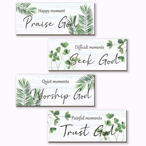 ONIZHITY 4 Pcs Green Bathroom Decor Religious Farmhouse Wall Art Inspirational Bible Verse Green Leaf Rustic Wooden Christian Sign for Home Bathroom Office Bedroom Living Room Kitchen(Green 10x4)