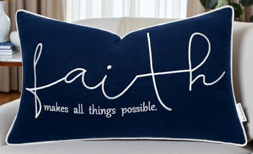 Rudransha Faith Bible Verse Embroidered 12x20 Lumbar Throw Pillow Cover - Navy Blue Cotton Scripture Christian Gift - Inspirational Quote Decor for Bed Sofa Couch Prayer Room - color: Navy Blue-faith
