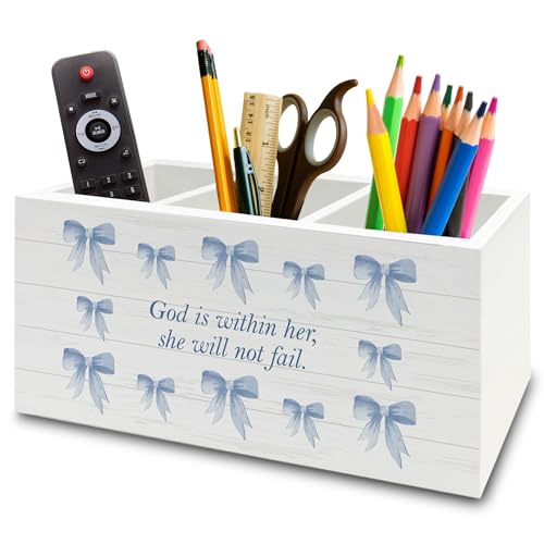 Blue Coquette Bow Christian Pen Pencil Holder Organizer for Desk, Preppy Desk Decor, Christian Gifts for Women, Bible Verse Wooden Box Sign for Girly Room Bedroom Dorm Tabletop Decorations - color: colour 09