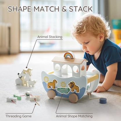 Joyreal Wooden Noah's Ark Toy for 1 Year Old Baby Boy and Girl Baptism Gift - color: Neutral