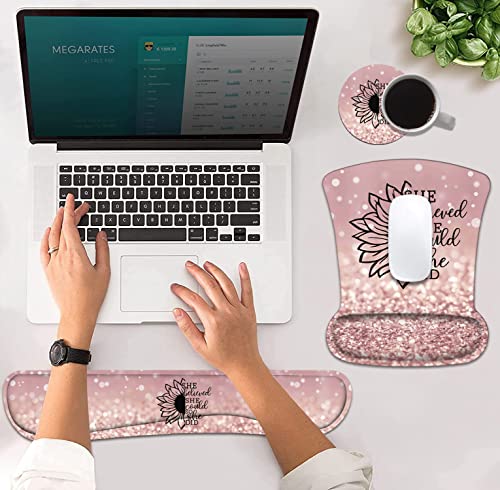 Mouse Pad Wrist Support and Keyboard Wrist Rest Set with Coasters, She Believed She Could So She Did Inspirational Quote Wrist Mouse Pad with Non-Slip PU Base for Home Office Working Studying - color: She Believed She Could So She Did Inspirational Quote