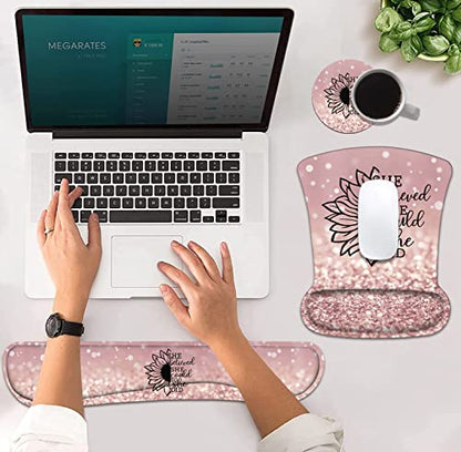Mouse Pad Wrist Support and Keyboard Wrist Rest Set with Coasters, She Believed She Could So She Did Inspirational Quote Wrist Mouse Pad with Non-Slip PU Base for Home Office Working Studying - color: She Believed She Could So She Did Inspirational Quote