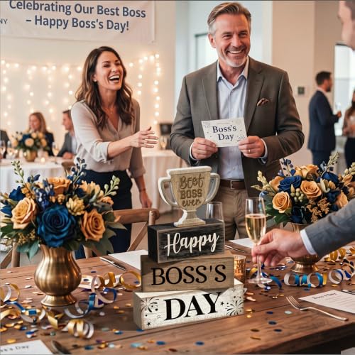 Moucuny 4 Pcs Boss Day Table Decorations Rustic Trophy Wooden Blocks Decor - style: Happy Boss’s Day