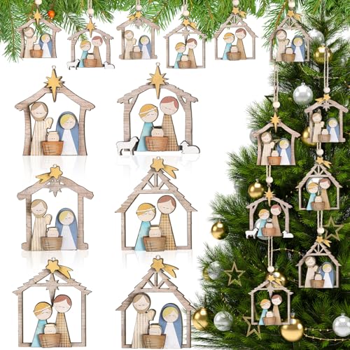 Gerrii 6 Pcs Christmas Nativity Ornaments, Wooden Farmhouse Scene for Tree