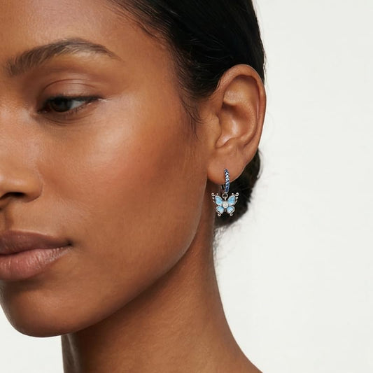 925 Sterling Silver Cute Animal Unique Huggie Hoop Earrings for Women - color: Blue Glitter Butterfly