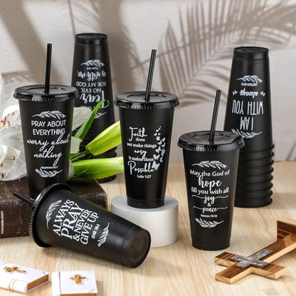 Havawish 12 Christian Tumbler Gift Bulk Religious Inspirational 24 oz Drinking Jesus Cup with Lid Straw Bible Verse Plastic Cup for Grandparents Pastor Clergy Church Sunday School, Black - color: Black