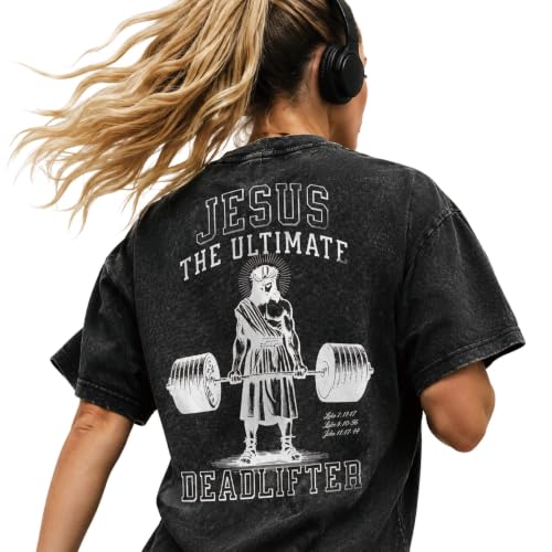 Christian Deadlift Shirts for Men Women Oversized Acid Washed Graphic Tees Jesus Faith GymTee - color: Army Green, size: Small