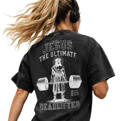 Christian Deadlift Shirts for Men Women Oversized Acid Washed Graphic Tees Jesus Faith GymTee - color: Army Green, size: 4X-Large