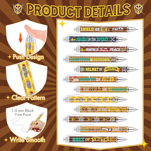 Dispowreath 48 Pcs Armor of God Party Favors Medieval Knight Pens Bulk Religious Christian Bible Verse Ink Ballpoint Pens Retractable Smooth Writing Supplies for Classroom Office Sunday School Church - style: God