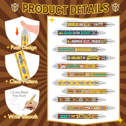 Dispowreath 48 Pcs Armor of God Party Favors Medieval Knight Pens Bulk Religious Christian Bible Verse Ink Ballpoint Pens Retractable Smooth Writing Supplies for Classroom Office Sunday School Church - style: God