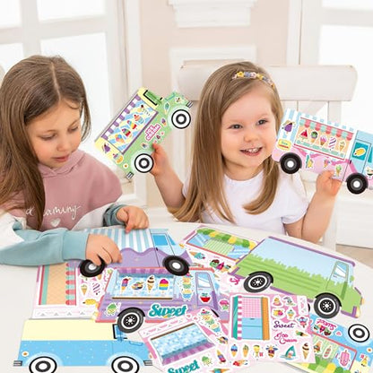 CY2SIDE Ice Cream Stickers Scene - 12set Make Your Own Ice Cream Cart Scene Sticker DIY Dessert Truck Shop Sticker with Mix Match Sweets Decals for Summer Party Classroom Activities - style: Ice Cream