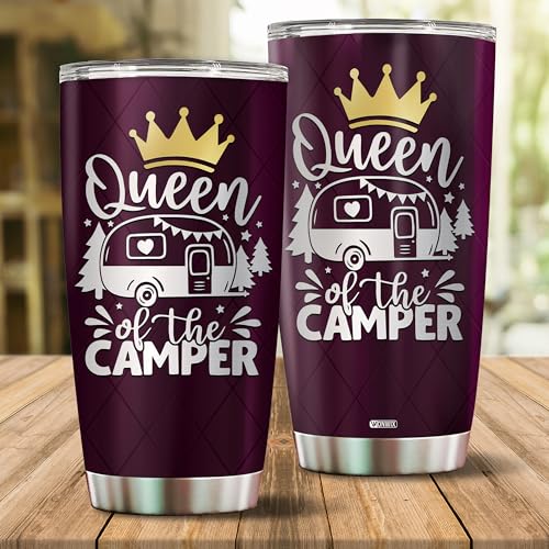 Queen of The Camper Tumbler Camping Gifts For Campers Women Mom Coffee Cup with Lid 20oz Stainless Travel Mug Water Bottle Wife Gift - color: Camping