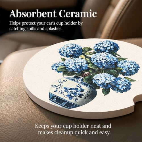 Chinoiserie Car Coasters Set of 2, Hydrangea Car Ceramic Accessories, 14 - color: Chinoiserie