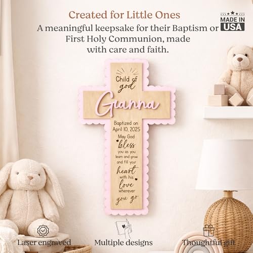 SugoiDesign Personalized Baptism Cross Gifts for Girls Boys | Custom Wooden Cross for Wall | Baby Boy Baptism Gift | Catholic Baptism Keepsake | First Communion Cross Decor Personalized Wood Cross