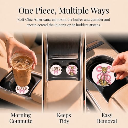 Pink Car Coasters Set of 2, Cute Cheetah Bows Car Ceramic Accessories, 36 - color: Cute Cheetah Bows