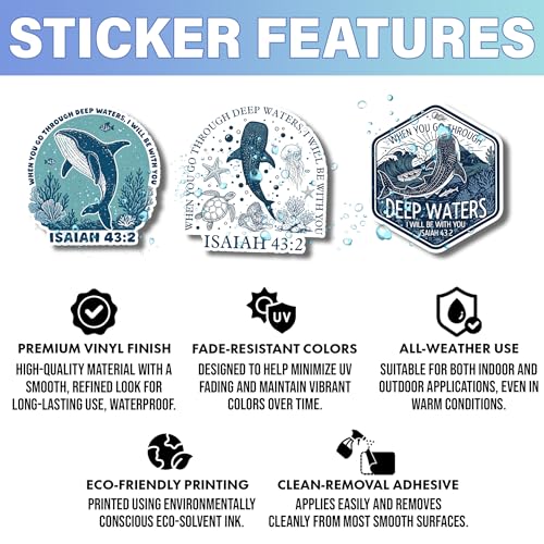 [9pcs x 3''] When You Go Through Deep Waters Whale Shark Sticker Bible Christian Faith Religious Waterproof Vinyl Stickers for Laptop, Water Bottle, Cars, Tumbler Decal