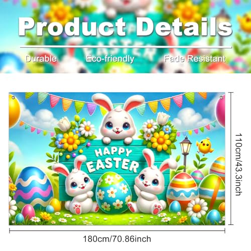 IVN Easter Bunny Banner 71x43 Inch Happy Cute Bunnies Colorful Eggs Flowers - color: Happy Easter Bunny Trio Sign