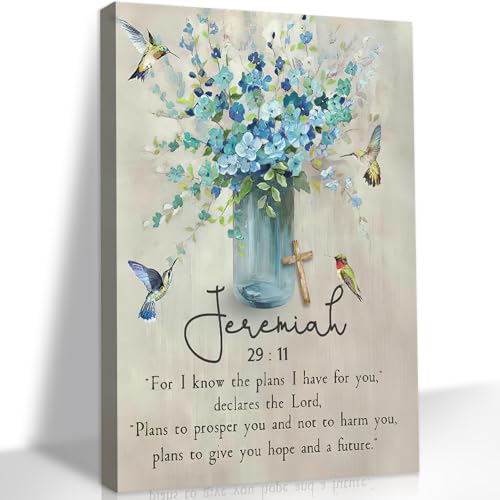 DCMVJHZV Scripture Canvas Wall Art Christian Wall Decor Jeremiah Bible Verse Painting Print Blue Religious Farmhouse Hummingbird Picture Church Living Room Biblical Art Ready to Hang(12"x16") - color: Blue Flower Canvas, size: 16"L x 12"W