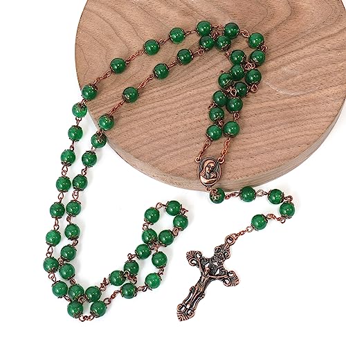 Nazareth Store Natural Stone Beads 8mm Rosary Necklace Antique Copper Design Holy Soil Medal & Cross in Velvet Bag - Catholic Rosaries Terra Santa Jerusalem Collection - color: Green Jade