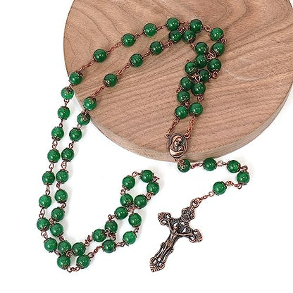 Nazareth Store Natural Stone Beads 8mm Rosary Necklace Antique Copper Design Holy Soil Medal & Cross in Velvet Bag - Catholic Rosaries Terra Santa Jerusalem Collection - color: Green Jade