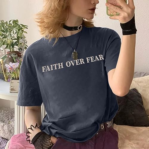 BANGELY Faith Over Fear Shirt Women Graphic Shirts Oversized Workout Gym Christian Religious Tees Drop Shoulder Tee Tops - color: Grey, size: X-Large