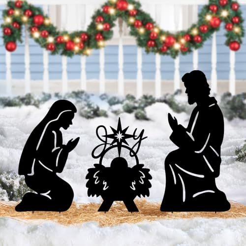 Christmas Decoration Outdoor,3 Pack Metal Nativity Scene Yard Garden Stakes - color: Black-nativity