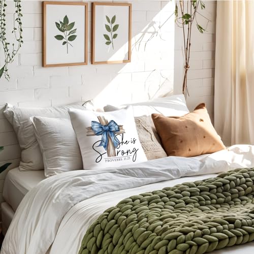 Coquette Bow Christian Pillow Covers 18x18, Proverbs 31 Woman Gifts, Religious Bible Verse Decorative Throw Pillow Covers Pillowcases for Girly Room Bedroom Dorm Decor - color: Blue Bible(white01)