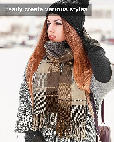Loritta Winter Scarf for Women, Long Plaid Shawl Wraps Scarves Gifts - color: R-khaki Beige Lattice