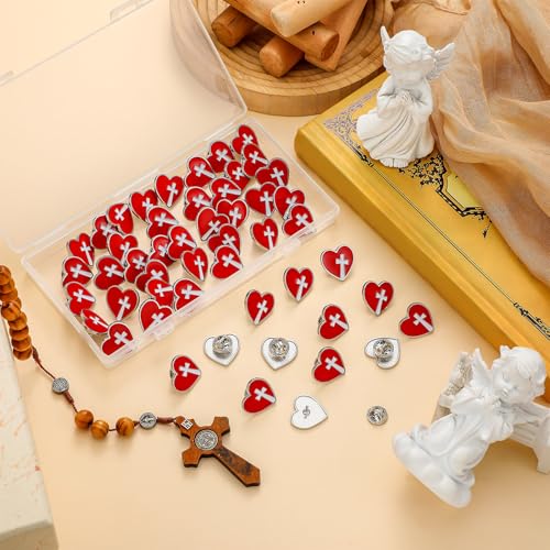 Juexica 50 Pcs Religious Sacred Heart of Jesus Pins Bulk Christian Favors Cross Enamel Lapel Brooch Red Heart Pins for Clergy Appreciation Gift Church Funeral Sunday School - style: Cross