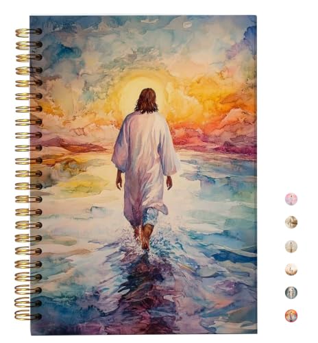 bitCNY Jesus Walking on Water Notebook 8.3x5.5 Inch – Watercolor Christian Spiral Journal, Inspirational Bible Verse Notebook, Lined for Notes & Prayer - color: white-Jesus Walking on Water