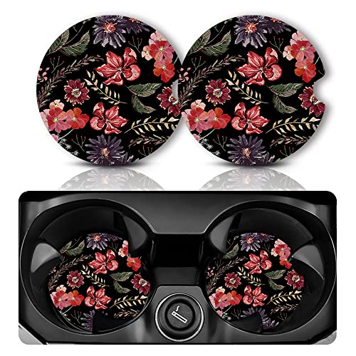 Yonlevres Car Coasters for Cup Holders, Boho Red Floral 2 Pack - color: Boho