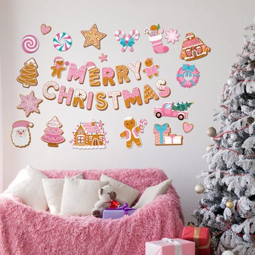 Kosiz 54 Pcs Merry Christmas Bulletin Board Pink Gingerbread Cutouts Decor - style: Merry Christmas
