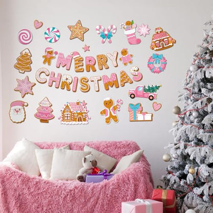Kosiz 54 Pcs Merry Christmas Bulletin Board Pink Gingerbread Cutouts Decor - style: Merry Christmas