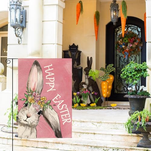AVOIN colorlife Pink Happy Easter Bunny Garden Flag 12x18 Inch Outside - color: Pink, size: Garden Size-12 x 18"