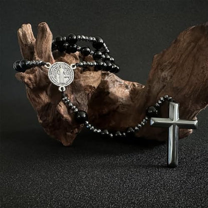 Bovemee Saint Benedict Medal Prayer Pocket Rosary Catholic Brown Wood Beads with Medalla de san benitol and Crucifix, 9 Inch - color: Nature stone Black