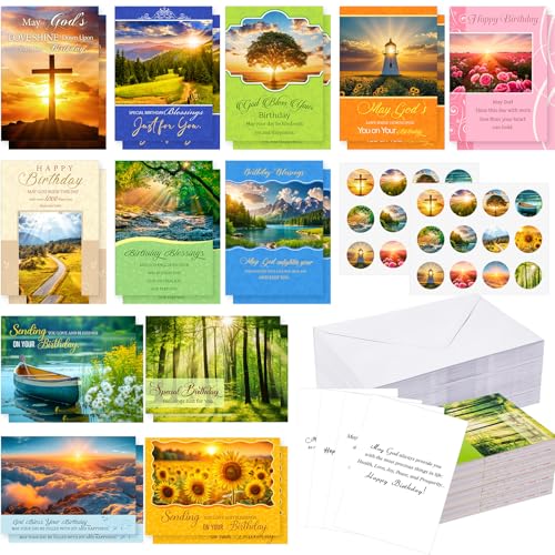 Motiskyy 120 Pack Religious Christian Birthday Cards Bulk with Scripture Bible Verse 4.5 x 6.2 Inch Assorted Christian Blessing Greeting Card for Birthday with Envelopes and Stickers (Landscape Style) - style: Landscape Style