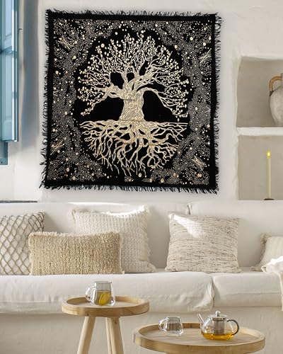 Indian Consigners Tree of Life Altar Cloth Tapestry Tablecloth Celtic Trees Ritual Spiritual Cloth for Sacred Places, Cotton Square Tarot Table Cover 18 by 18 Sacred - color: Golden Trunk Tree, size: 18" x 18" (Square)