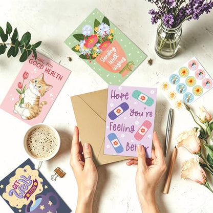 Ogeby 24 Pack Get Well Cards Set with Envelopes & Stickers, Cute Encouragement Cards for Friend Family Coworker, 6 Assorted Designs with Heartfelt Message Inside, 4x6 Inch