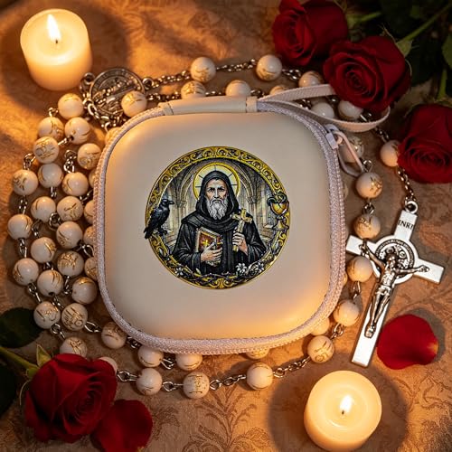Handmade Rosary Beads for Women, Elegant Catholic Gifts for First Communion, Confirmation & Spiritual Prayer, Unique Beaded Rosary Necklace with Zippered Case - color: White - St.Benedict
