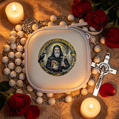 Handmade Rosary Beads for Women, Elegant Catholic Gifts for First Communion, Confirmation & Spiritual Prayer, Unique Beaded Rosary Necklace with Zippered Case - color: White - St.Benedict