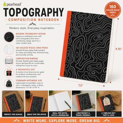 Pearhead Topographic Map Composition Notebook — College-Ruled, 160 Pages, 7.5" x 9.75", Smooth 80 GSM Paper, Black & White Contour Line Cover with Bold Red Spine Journal for School, Office & Everyday Writing - color: Black Topography Map Composition Noteb