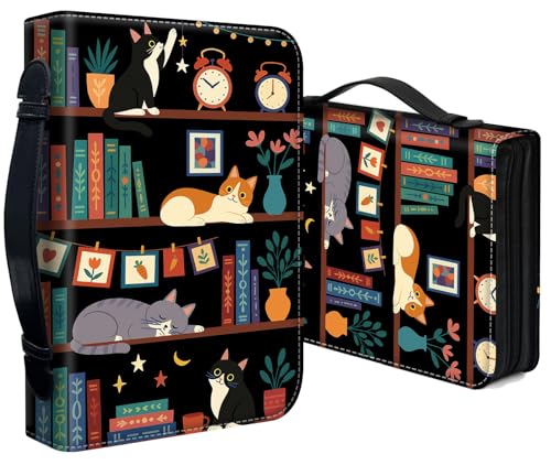Bible Cover for Women Large PU Leather Zippered Bible Case with Handle and Cat Bookshelf Design, Christian Bible Bag for Girls & Women, Cover Fits Standard 9.5"x7.5"x2.3" Bible - color: Cat Bookshelf